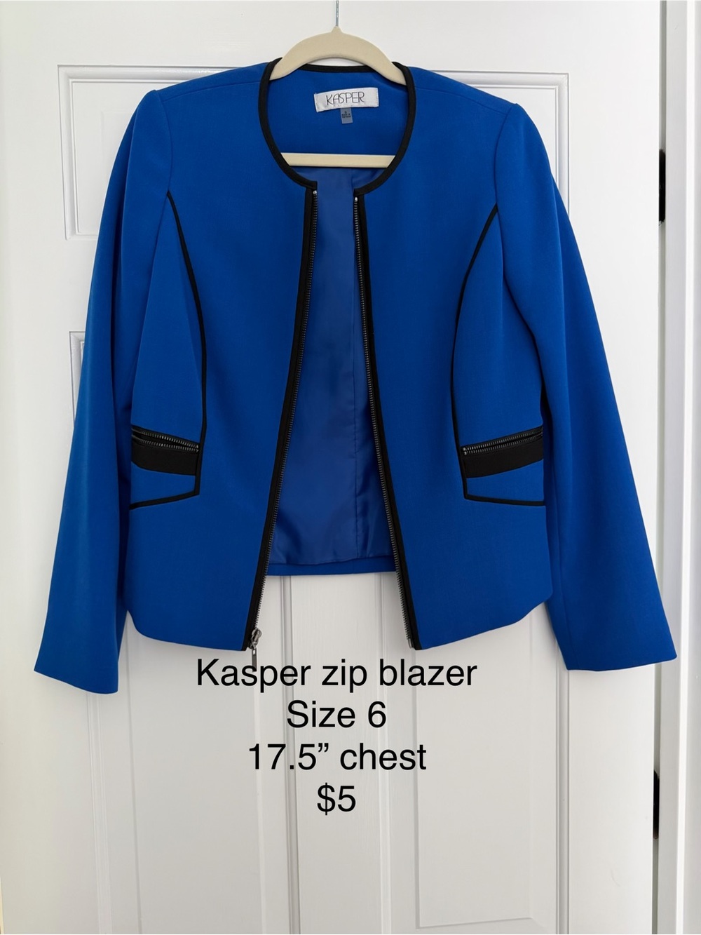Kasper Cobalt Blue Zip-Front Blazer with Black Trim